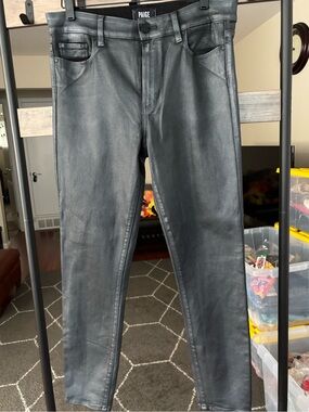 PAIGE Women’s Black Straight Leg Jeans - shiny metallic black